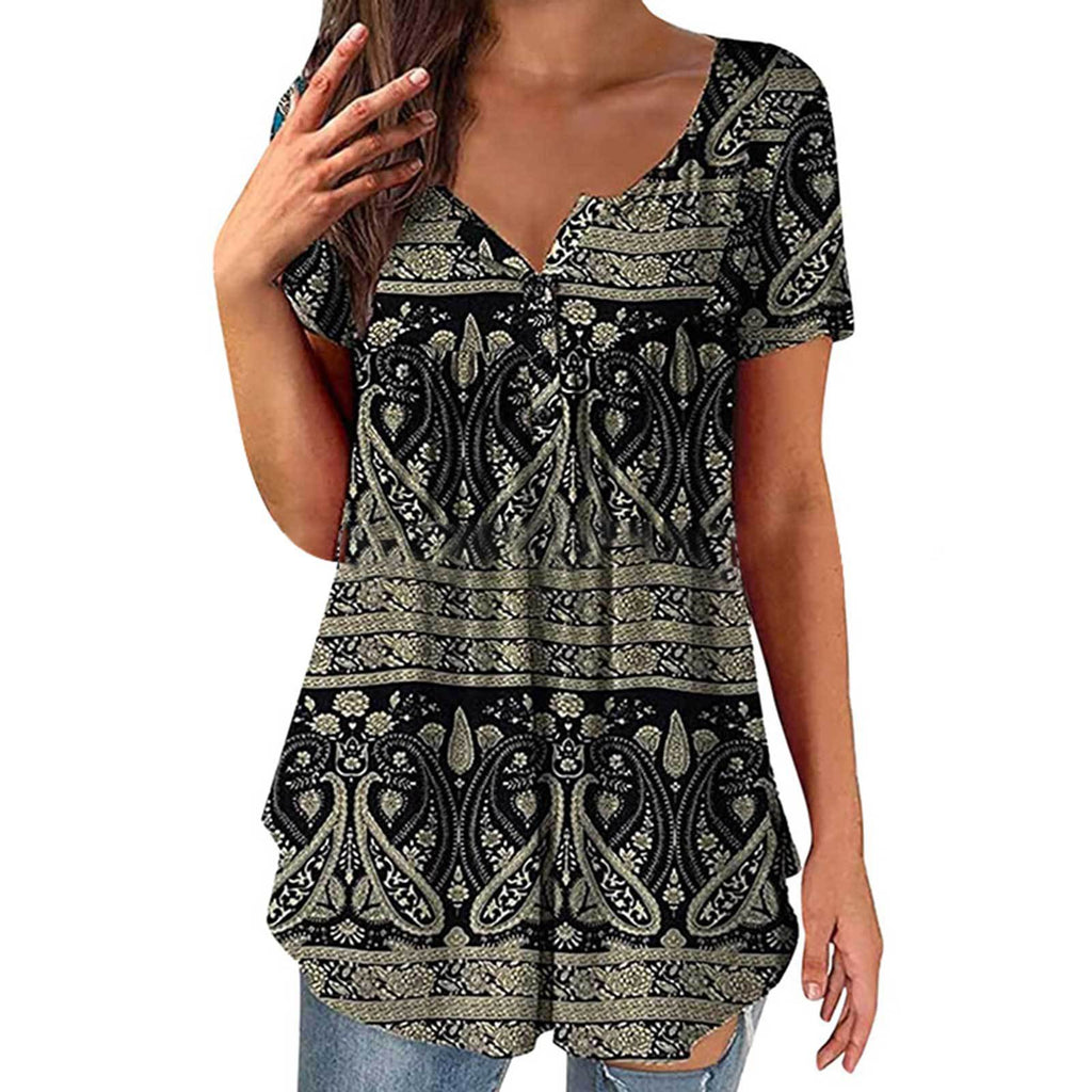 Summer Loose Pleated Printed Round Neck Tank Top for Women