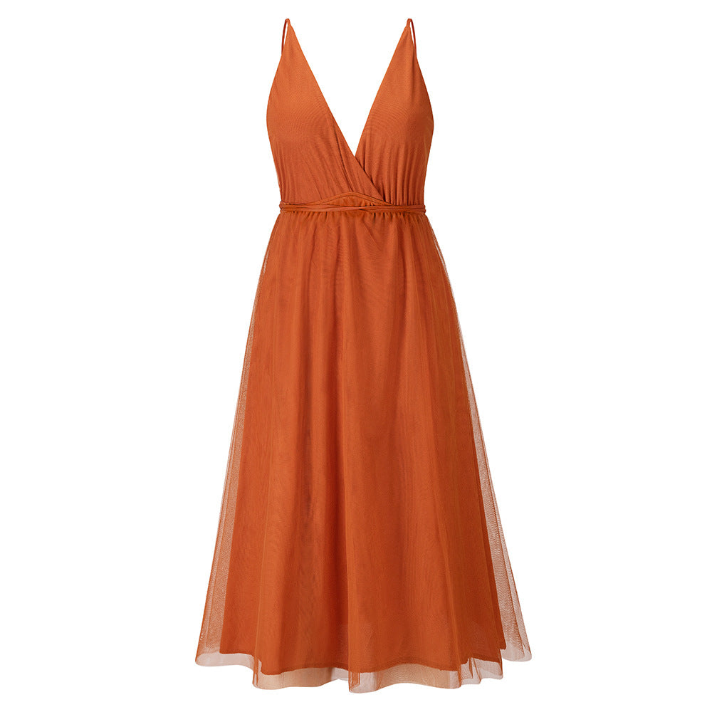 Elegant European American Gauze Strap Dress