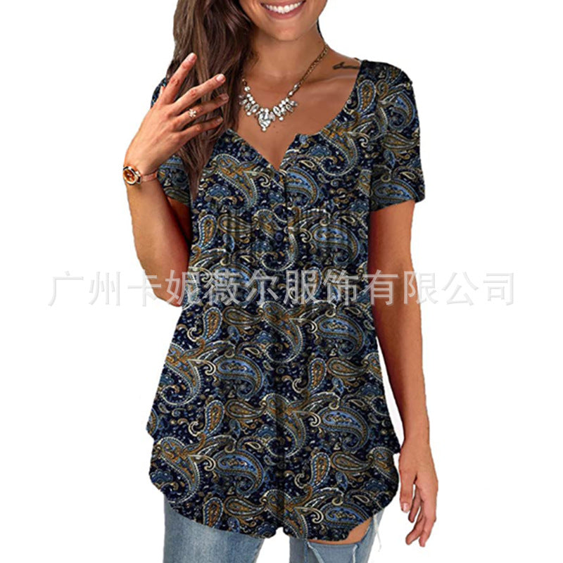 Summer Loose Pleated Printed Round Neck Tank Top for Women