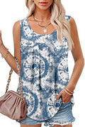 Summer Loose Pleated Printed Round Neck Tank Top for Women