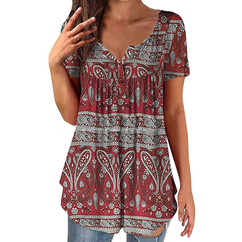 Summer Loose Pleated Printed Round Neck Tank Top for Women
